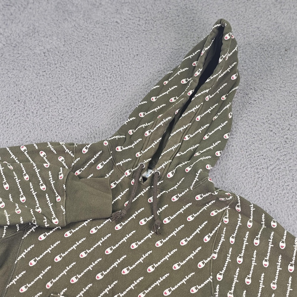 Champion Hoodie Pullover Mens XS Green Reverse Weave All Over Print Script Logo